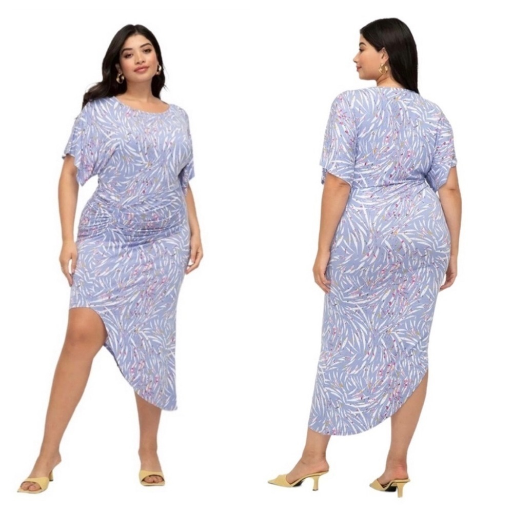 Eloquii Asymmetrical Printed Midi Dress with Sleeve Ruched Plus Size 14/16 1Z